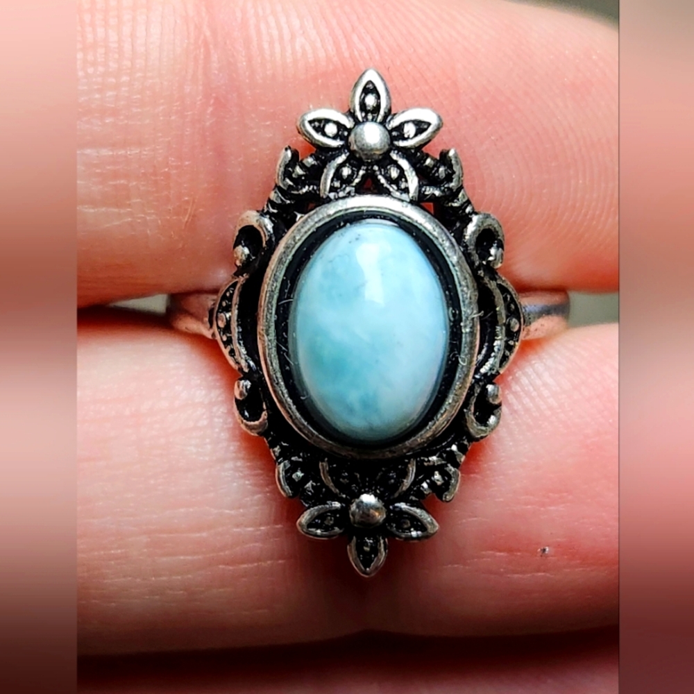 Genuine Blue Larimar Vintage Style Adjustable Crystal Ring - Picture 1 of 6